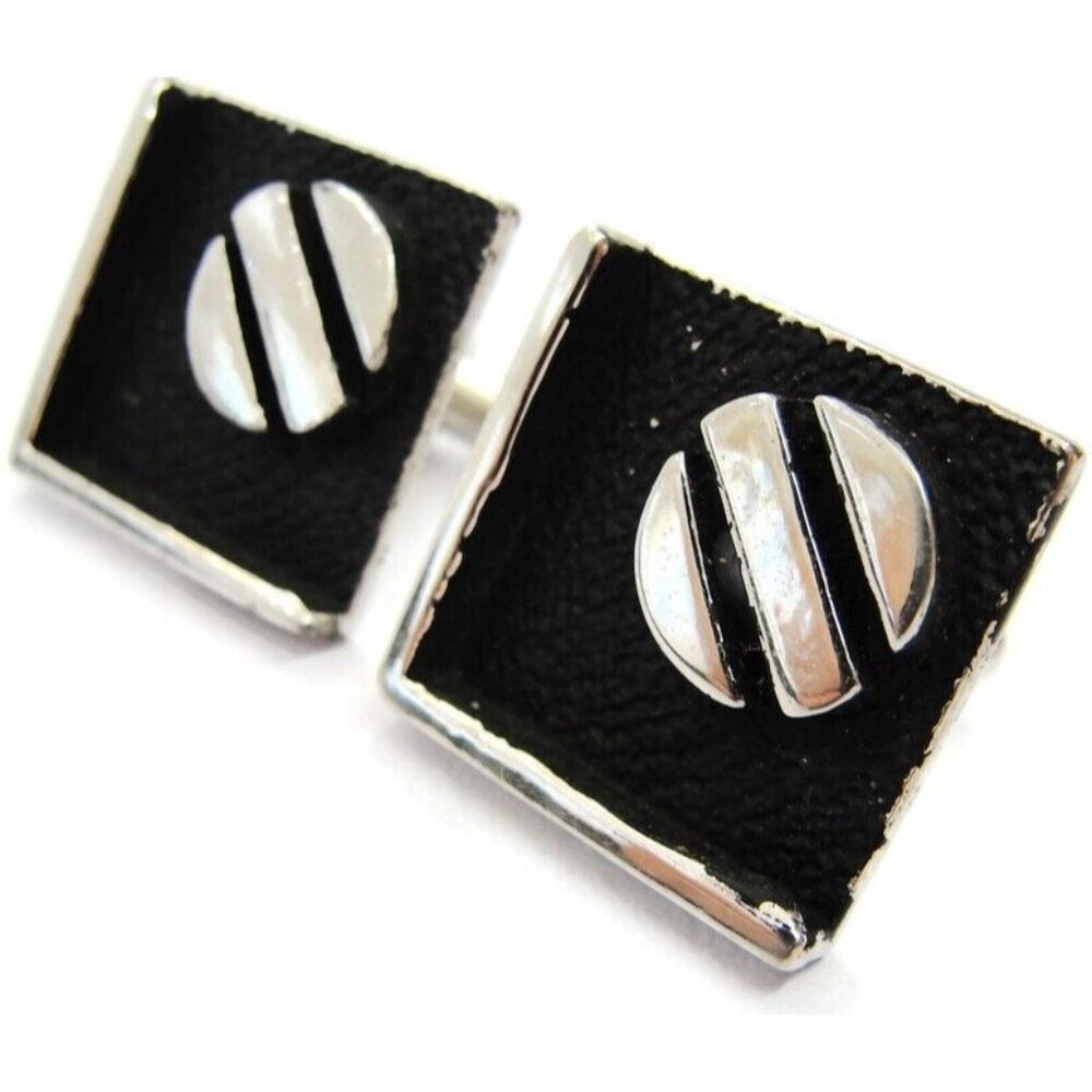 Flat Black Enamel Square Circle Line Centers Cufflinks Silver Tone Shirt Vtg